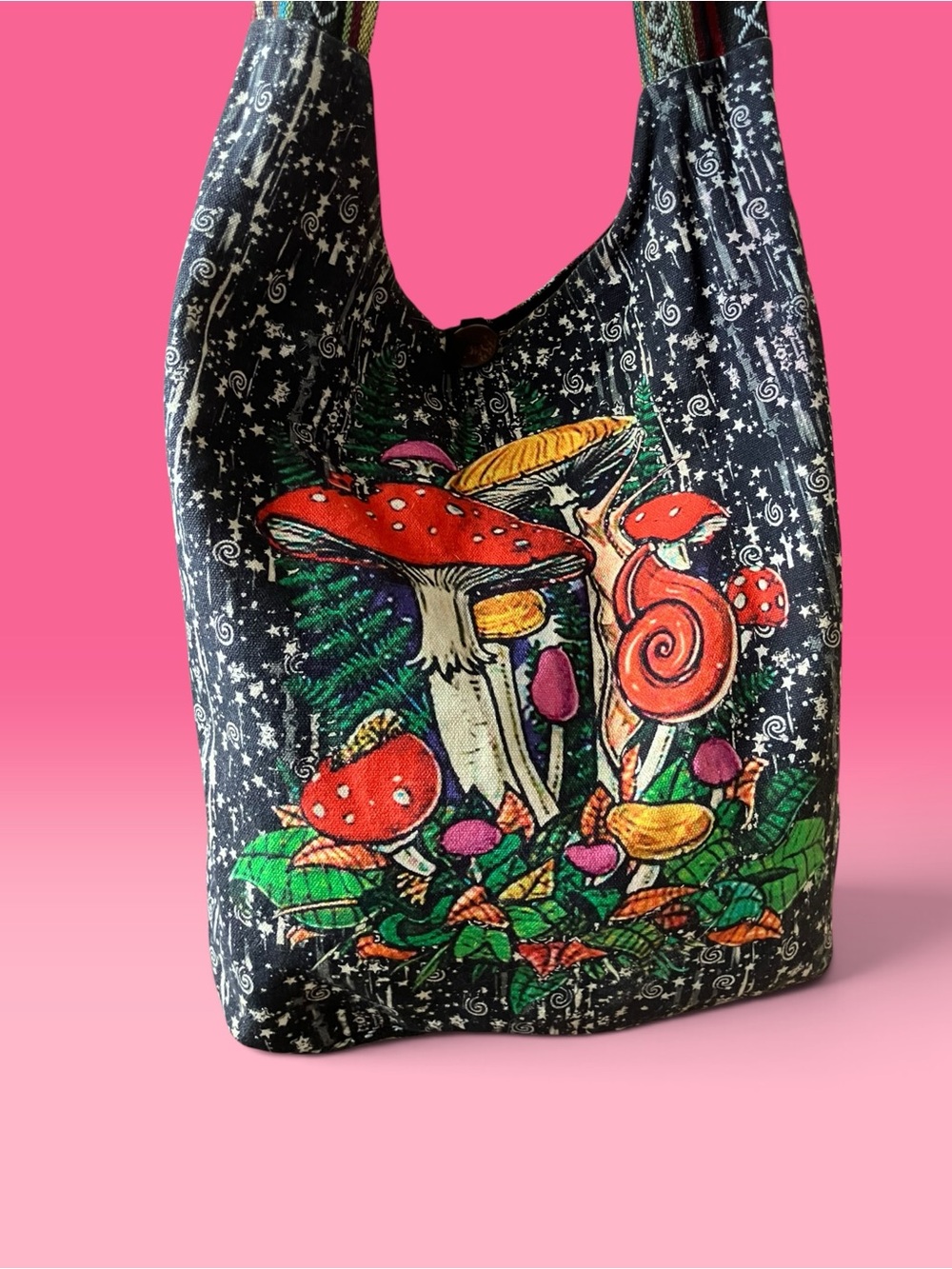 Mushroom Print Black Shoulder Bag with Colorful Accent